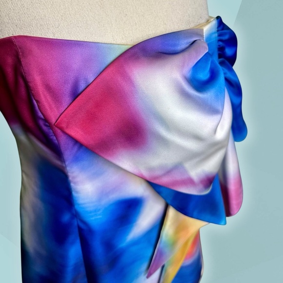 Marchesa Notte ‘Bow Printed Strapless Dress’ in Rainbow Multicolor Watercolor 4 - Picture 15 of 16